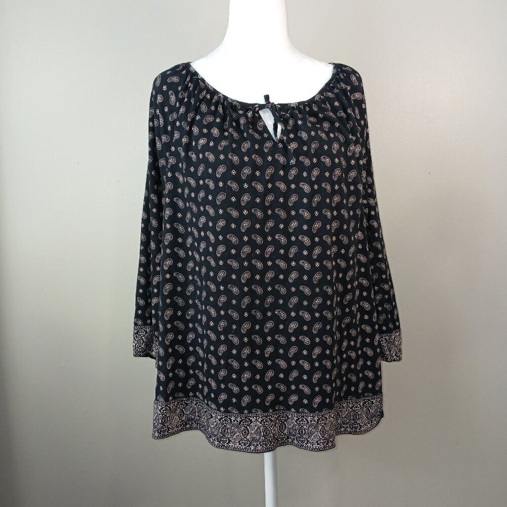 LRL LAUREN JEANS CO PEASANT STYLE TOP, BLACK WITH TAN PAISLEY , SIZE XL